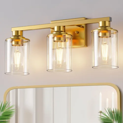 Miniatura 68 de DORESshop Lámparas de baño, 3 luces negras y doradas para baño sobre espejo con pantalla de vidrio transparente, luces de tocador para baño, Negro