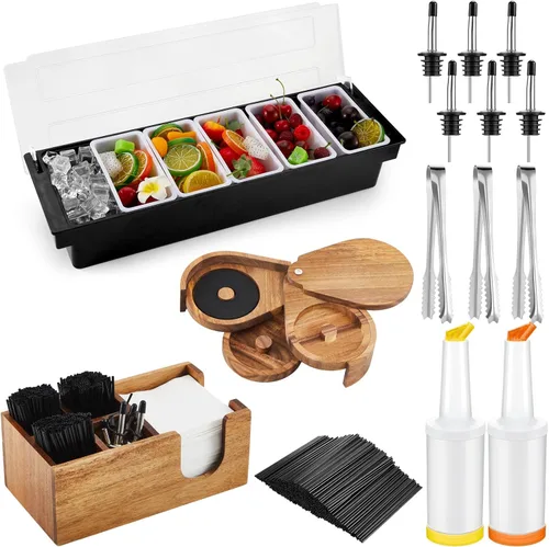 Miniatura 11 de Mifoci Bartending Supplies Bandeja de Guarnición con Tapa Caddy de Bar Rimador de Vasos de 3 Niveles 12 Vertedores de Botellas de Acero Inoxidable 2