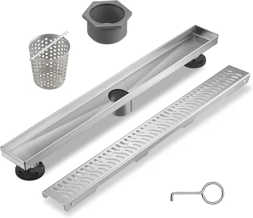 Sharp-tec Drenaje de ducha lineal, drenaje de ducha de 24 pulgadas con cubierta de patrón extraíble, drenaje rectangular de acero inoxidable 304 de