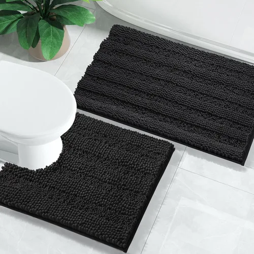 Yimobra Juego de 2 alfombras de baño de felpilla suave y absorbente y alfombra para inodoro en forma de U, antideslizante, lavable a máquina, de