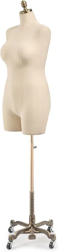Miniatura 2 de TSC - Maniquí de forma de vestido de exhibición femenina en lienzo natural sobre base metálica con ruedas (bronce, grande)