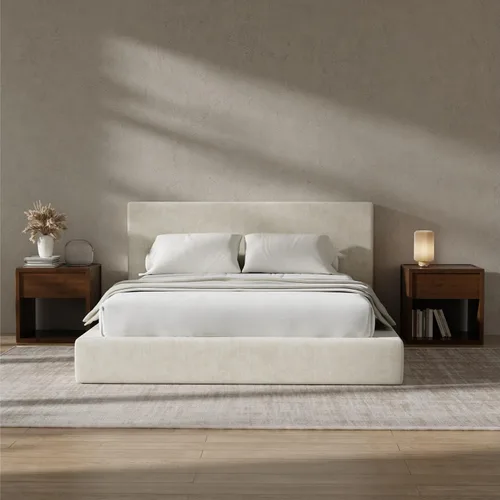 RECCI Cloud - Base de cama Queen tapizada con cabecero, plataforma acolchada de espuma de 5 pulgadas, sin somier, fácil montaje (crema)
