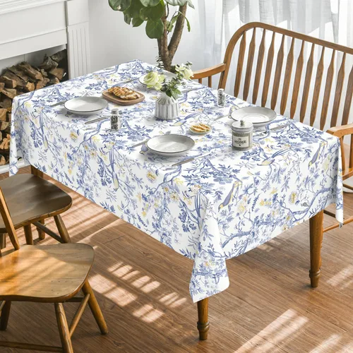 Miniatura 2 de Horaldaily Mantel Chinoiserie de 52 x 70 pulgadas, rectangular, moderno de temporada, diseño de flores de pavo real, con pompones, lavable