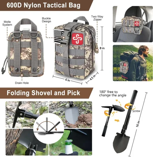 Miniatura 3 de Kit de supervivencia de emergencia de 238 piezas y kit de primeros auxilios, herramienta de equipo de supervivencia profesional con bolsa táctica