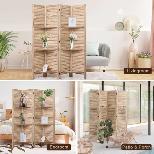 Miniatura 6 de Divisor de habitación de 4 paneles con 3 estantes de almacenamiento extraíbles, pantalla de privacidad plegable de 5.6 pies, divisor de pared