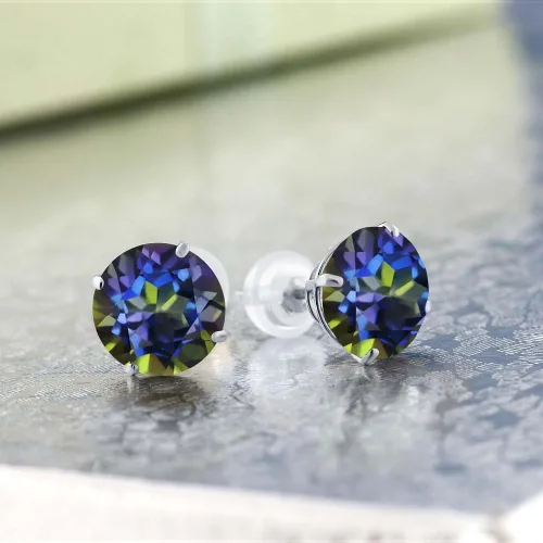 Miniatura 2 de Gem Stone King Aretes de oro blanco sólido de 14 quilates con piedra natal redonda de 0.315 in Aretes de oro con respaldo cómodo para mujer