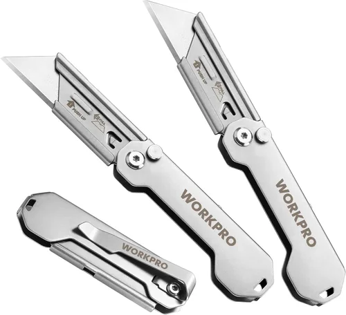 WORKPRO Paquete de 3 cuchillos utilitarios plegables, cuchillas de cambio rápido, juego de cuchillos de bolsillo plegables EDC con clip para