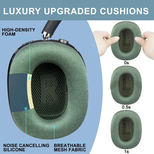 Miniatura 6 de SOPROM Almohadillas de repuesto mejoradas para auriculares supraaurales Airpods Max, almohadillas con tela de malla duradera, espuma más suave, Verde