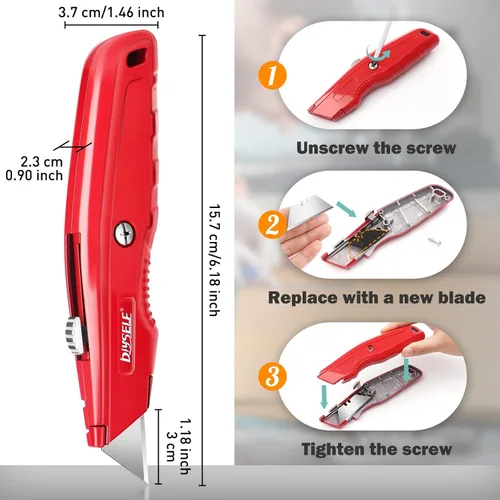Miniatura 5 de DIYSELF Paquete de 4 cortadores de caja, cuchillo utilitario con 10 cuchillas, cortador de caja resistente para alfombras, cartón, vinilo y papel