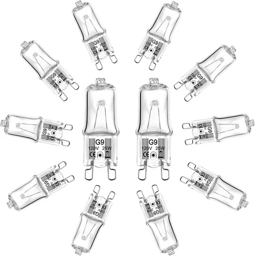 Bombilla G9, paquete de 12 bombillas halógenas transparentes de 2 pines tipo JC, 120 V T4 Bi-Pin 25 W xenón bombilla pequeña regulable 2700 K blanco