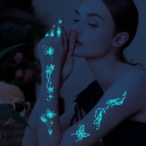 Miniatura 6 de Konsait 17 hojas de tatuajes que brillan en la oscuridad para mujeres y niñas, tatuajes de luz negra, tatuaje luminoso de mano, flores de mariposa