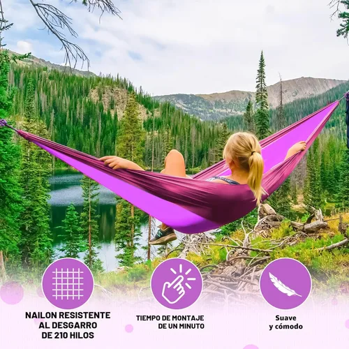 Miniatura 5 de SZHLUX Hamaca de camping doble e individual Hamacas portátiles con 2 correas de árbol y bolsa de transporte adjunta, ideal para exteriores, Violeta