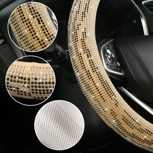 Miniatura 4 de Bling Bling - Funda para volante con diamantes de imitación brillantes para niñas, ajuste universal de 14.5 pulgadas, C-beige