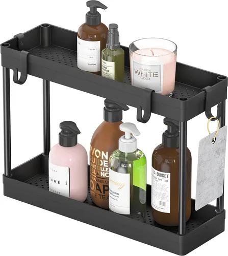 Miniatura 3 de Simple Houseware Bandeja organizadora de 2 niveles para debajo del fregadero con ganchos, color negro