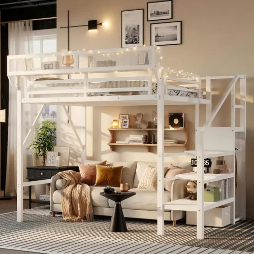 Miniatura 12 de Mirightone - Cama alta tamaño individual con escaleras y almacenamiento, base de cama de metal, estante de noche y gran espacio debajo, resistentes
