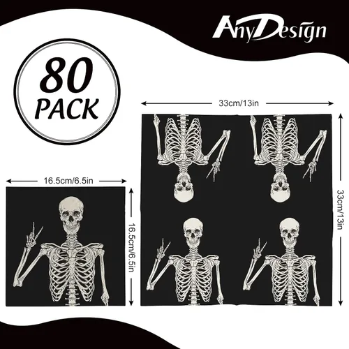 Miniatura 2 de AnyDesign Paquete de 80 servilletas de papel de calavera desechables de Halloween, servilletas de almuerzo de esqueleto sonriente, decoración