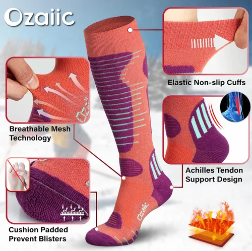 Miniatura 4 de Calcetines de esquí de lana merino para hombre y mujer, 2 pares para esquí, snowboard, térmicos hasta la rodilla, calcetines de rendimiento