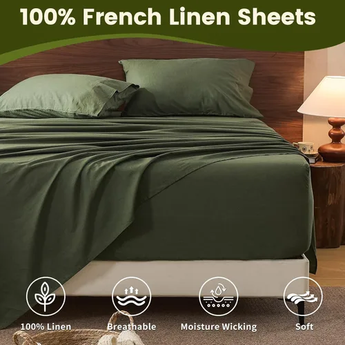 Miniatura 127 de Juego de sábanas de lino 100% tamaño King con bolsillo extraprofundo, para colchones de 18 a 24 pulgadas, transpirable y suave, juego de 4 piezas
