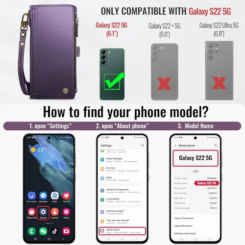 Miniatura 6 de Defencase Funda compatible con Samsung Galaxy S22 5G con tarjetero de bloqueo RFID para mujeres y hombres, correa magnética de piel sintética