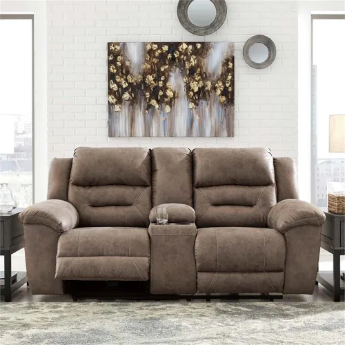 Miniatura 9 de Signature Design by Ashley Stoneland - Sofá biplaza reclinable manual de piel sintética con consola central, color marrón claro Gris