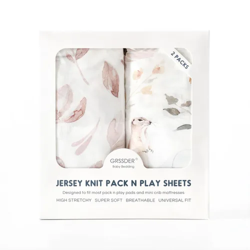 Miniatura 4 de Paquete de sábanas ajustables 2 unidades, sábanas de jersey ultra suaves y elásticas para Pack n Play, universales para colchones de cuna Rosa rubor