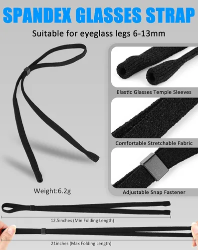 Miniatura 3 de BILIONE Juego de 4 correas deportivas para lentes para hombres, cordón ajustable (cuero/silicona/elástico/cuerda de nailon), soportes alrededor