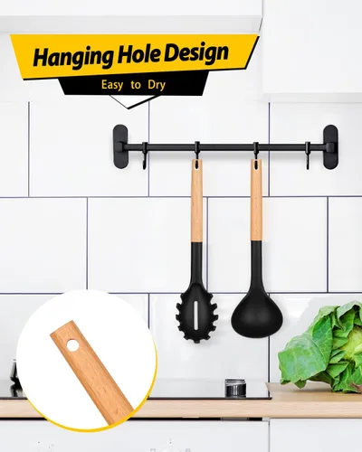 Miniatura 6 de Juego de tenedor de pasta y cucharón de silicona con mango de madera, utensilios de cocina resistentes al calor y antiadherentes para cocinar, Negro