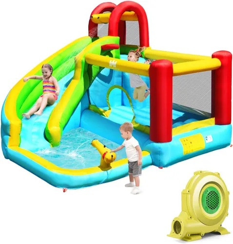 Miniatura 9 de HONEY JOY Tobogán acuático inflable y casa de rebote con piscina de chapoteo, pared de escalada, tobogán acuático inflable para interiores