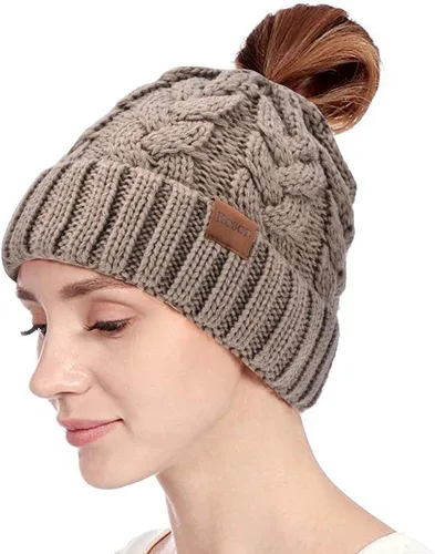 Miniatura 2 de Rosoz Gorro de cola de caballo para mujer gorro cálido de invierno suave y elástico tejido trenzado gorro de moño alto