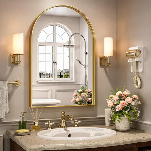 Miniatura 28 de Brightify - Espejo arqueado dorado de 24 x 32 pulgadas, espejo de pared con marco de metal de latón para baño, espejo arqueado superior para tocador
