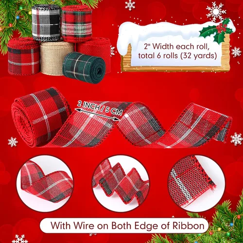 Miniatura 3 de 6 rollos de cintas navideñas con alambre de 32 yardas, cinta multicolor de búfalo a cuadros, cinta de arpillera con borde con alambre, cinta