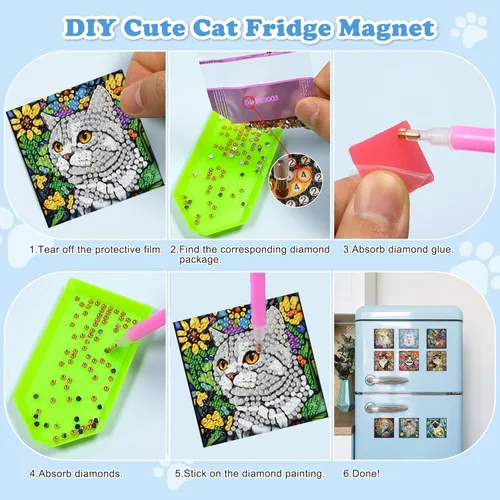 Miniatura 6 de Puraikcmi Juego de 16 imanes de pintura de diamantes de gato negro, lindo imán de diamante para nevera, calcomanías para nevera para principiantes