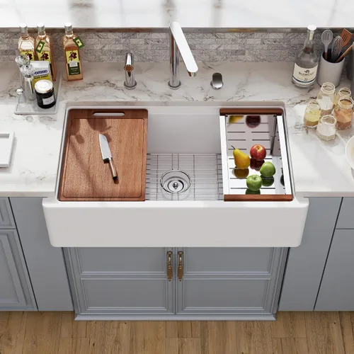 Miniatura 14 de Farm - Fregadero de cocina reversible con 24 unidades, color blanco, 24 x 18 pulgadas, delantal frontal de porcelana blanca, de cerámica y arcilla