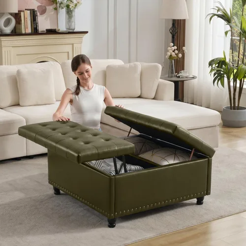 Miniatura 12 de Tbfit Banco otomano de almacenamiento cuadrado grande, mesa de centro otomana tapizada con tapa de elevación y patas de madera maciza, caja de Marrón