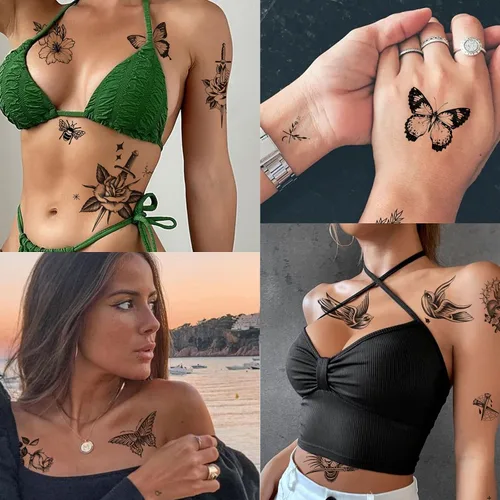 Miniatura 4 de Tazimi 8 hojas de tatuajes temporales grandes en negro para mujeres y niñas, tatuajes falsos realistas de mariposas, serpientes, abejas