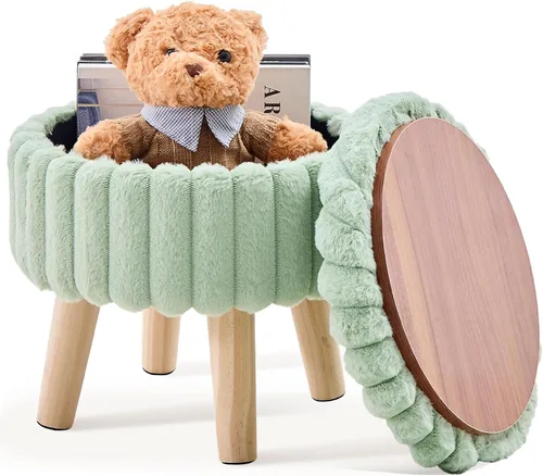Miniatura 10 de Wimarsbon Otomana de almacenamiento, moderno reposapiés redondo con asiento acolchado suave, reposapiés de terciopelo teddy con patas de madera
