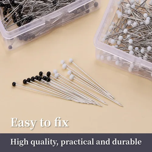 Miniatura 3 de Alfileres de costura, 400 piezas de alfileres rectos para tela, alfileres de acolchado largos de cabeza de bola perlada en blanco y negro de 1.5 Dos