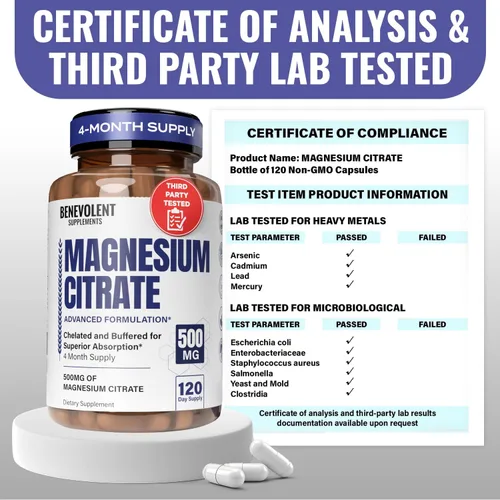 Miniatura 9 de Cápsulas de magnesio premium de 500 mg, fórmula de alta absorción citrato tamponado quelado para apoyar la digestión, los huesos, el sueño