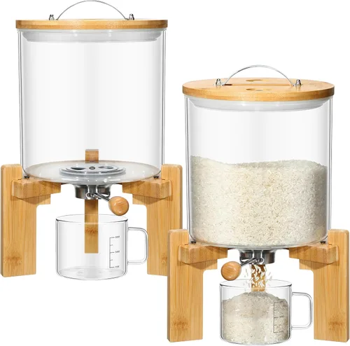 Zhehao Dispensador de arroz de vidrio de 5 L, contenedor de almacenamiento de arroz, dispensador de cereales de harina, soporte con soporte de