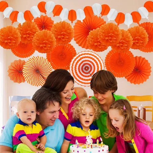 Miniatura 6 de Decoraciones de fiesta de color naranja, guirnaldas para fanáticos de Papar, pompones para Halloween, cumpleaños, novia, baby shower, boda