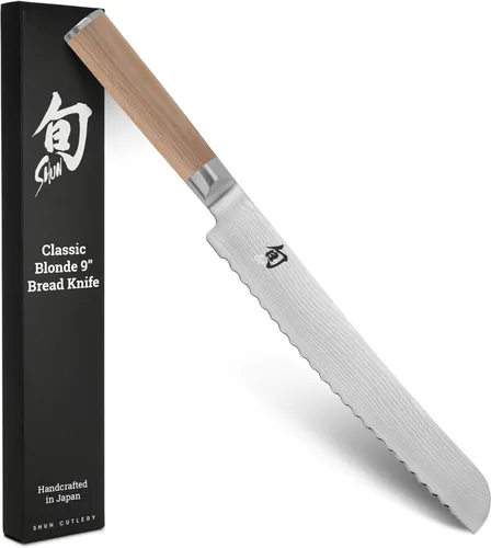 Cuchillo de Pan Clásico Shun Blonde de 9", Cuchillo Serrado Japonés Hecho a Mano, Núcleo VG-MAX con Revestimiento de Acero Inoxidable Damasco, Mango