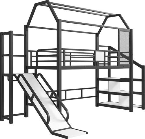 Miniatura 6 de Bellemave Cama Loft de Metal Tipo Casa Tamaño Twin con Tobogán y Escaleras, Marco de Cama Loft Casa de Juegos de Servicio Pesado con Estantes