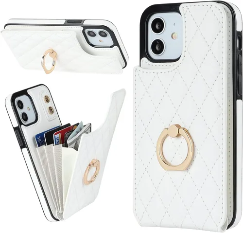 Folosu Funda compatible con iPhone 12 iPhone 12 Pro con soporte para tarjetas, rotación de 360°, soporte de anillo de dedo con función atril, Blanco