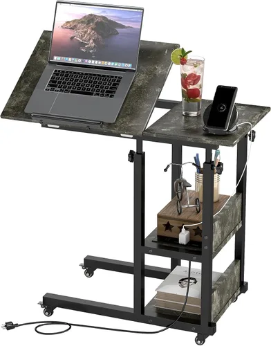 Miniatura 15 de Hadulcet Mesa C Ajustable con Estación de Carga, Escritorio Inclinable Mesa Auxiliar en Forma de C para Sofá, Soporte sobre Cama con Ruedas