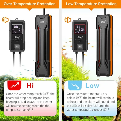 Miniatura 3 de hygger Calentador para Acuarios 300W/500W/800W/1000W, Calentador Sumergible para Tanque de Peces con Controlador LED Digital y Sistema Inteligente