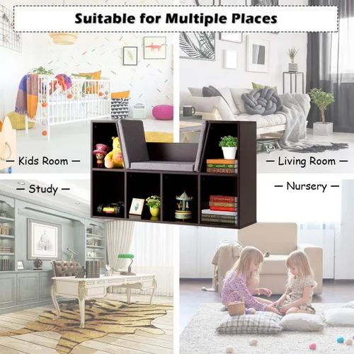 Miniatura 4 de HONEY JOY Organizador de rincón de lectura con cojín de asiento, estantería para niños con rincón de lectura, estante de almacenamiento de esquina