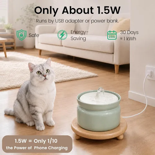Miniatura 5 de Fuente de agua de cerámica para gatos, fuente automática para beber mascotas de 1 litro/32 onzas, bomba silenciosa alimentada por USB, triple Crema