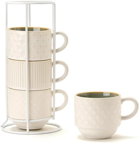 Miniatura 10 de Juego de 4 tazas de café de cerámica grandes con soporte, 15 oz, apilables, tazas de café con relieves diferentes y acanaladas para café con leche