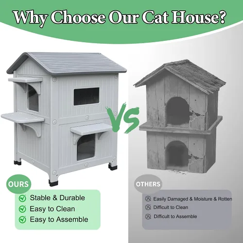 Miniatura 2 de Casa para gatos al aire libre, resistente a la intemperie, casas de plástico para gatos con puerta de escape, 2 pisos para interiores, impermeable