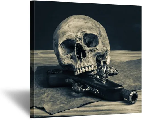 KREATIVE ARTS - Arte abstracto de calavera con una pistola, pintura en lienzo, póster vintage, decoración del hogar, imagen de pared para sala de